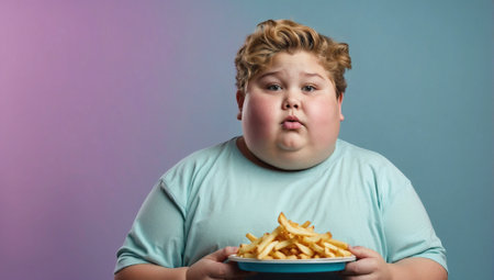 Overweight kid with food. Unhealthy diet and junk food concept. Bad nutrition idea. Copy space.の素材