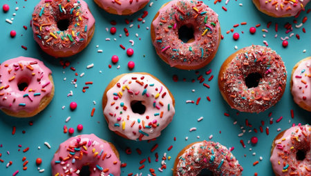Delicious donuts. Unhealthy diet and junk food concept. Bad nutrition idea. Copy space.の素材