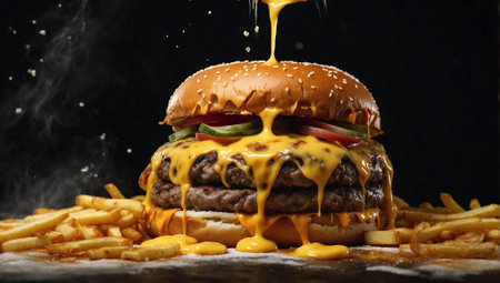 Delicious burger served on a plate with dressing. Unhealthy diet and junk food concept. Bad nutrition idea. Copy space.の素材