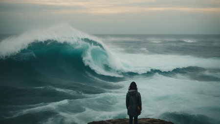 Woman looking in distance on a shore. The mind as a vast ocean, with thoughts and ideas swirling like waves. Meditation and thinking process concept. Copy space.の素材