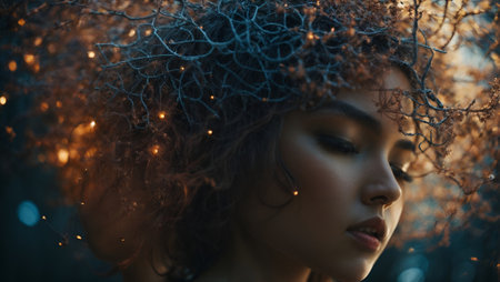 Fantasy portrait of a beautiful woman, with sparkling branches coming out of hair. State of mind, thinking and meditation concept. Copy space.の素材