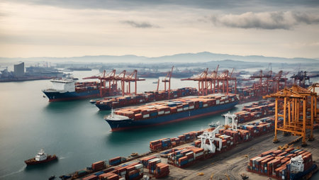 A bustling port, with cargo ships and cranes, showcasing the global trade and commerce that drives the economy of a commercial city. Transportation and shipping concept. Copy spaceの素材
