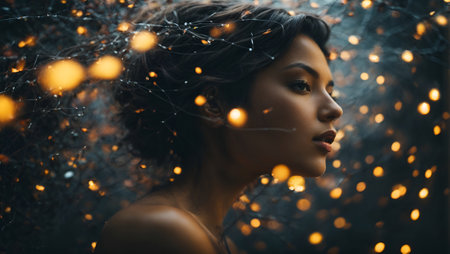 Fantasy portrait of a beautiful woman, with sparkling branches coming out of hair. State of mind, thinking and meditation concept. Copy space.の素材