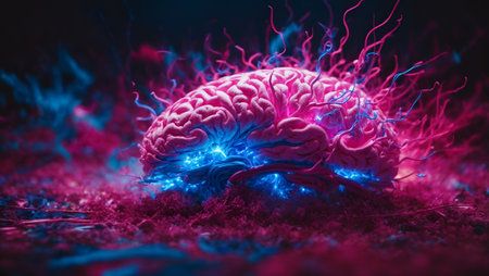 A vibrant explosion of electric blue and neon pink brain synapses, pulsating with energy and life. Mind and human thoughts concept. Copy space.の素材