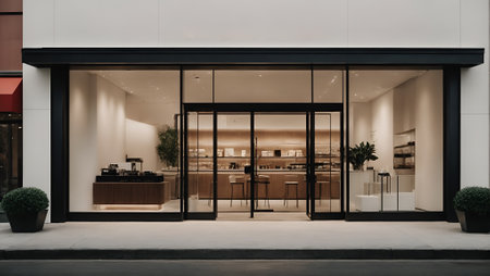 A sleek and modern storefront, with clean lines. Minimal architecture and design concept. Fashion, consumerism and shopping idea. Copy space.の素材
