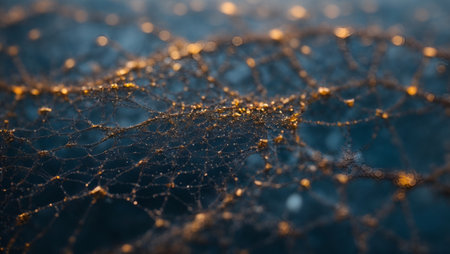 A delicate web of shimmering brain synapses, intricately woven together to form a beautiful and complex pattern. Mind and network concept. Copy space.の素材