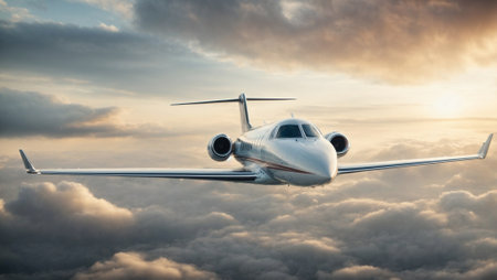 A private jet soaring through the clouds. Wealthy and rich people lifestyle idea. Copy space.の素材