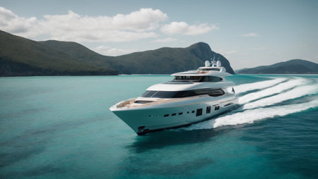 A sleek, modern yacht gliding through crystal clear waters. Wealthy and rich people lifestyle idea. Copy space.の素材