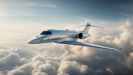 A private jet soaring through the clouds. Wealthy and rich people lifestyle idea. Copy space.の素材