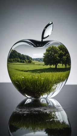 Fields and meadows inside of a glass or crystal apple. Minimal abstract nature and ecology concept. Environmental protection idea. Copy space.の素材