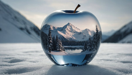 Snowy mountains inside of a glass or crystal apple. Minimal abstract nature and ecology concept. Environmental protection idea. Copy space.の素材
