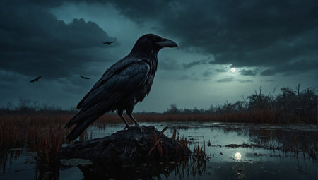 Dark eerie swamp with crows and ravens, under the moonlight. Frightening and horror concept. Halloween idea. Copy space.の素材