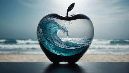 Ocean waves inside of a glass or crystal apple. Minimal abstract nature and ecology concept. Environmental protection idea. Copy space.の素材