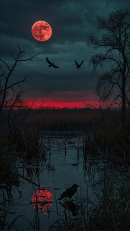Dark eerie swamp with crows and ravens, under the moonlight. Frightening and horror concept. Halloween idea. Copy space.の素材