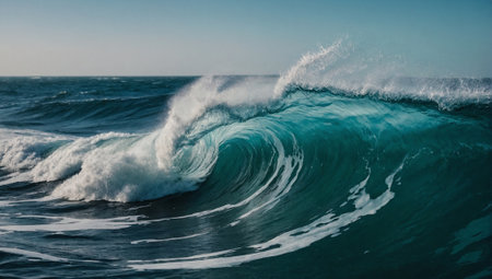 Beautiful large ocean waves. Environmental protection and ecology concept. Summer holidays idea. Copy space.の素材