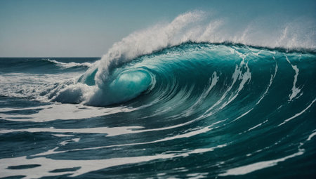Beautiful large ocean waves. Environmental protection and ecology concept. Summer holidays idea. Copy space.の素材