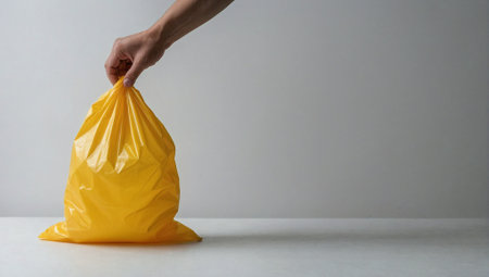 Plastic bag on neutral background. Minimal pollution and environmental protection concept. Recycling idea. Copy space.の素材