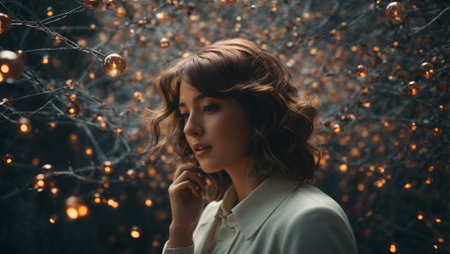 Fantasy portrait of a beautiful woman, with sparkling branches coming out of hair. State of mind, thinking and meditation concept. Copy space.の素材