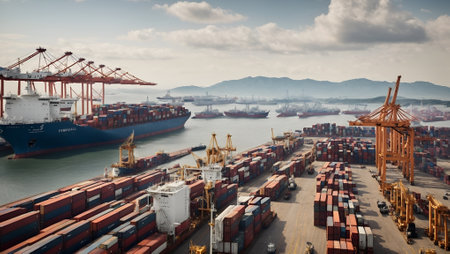 A bustling port, with cargo ships and cranes, showcasing the global trade and commerce that drives the economy of a commercial city. Transportation and shipping concept. Copy spaceの素材
