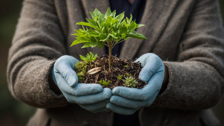 Young plant growing in soil. Sustainable living and renewable energy sources concept. Environmental protection idea. Copy space.の素材
