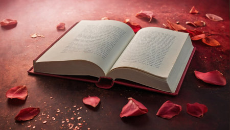 Love story books with roses. Minimal abstract reading and learning concept. Love for literature idea. Copy space,の素材