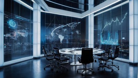 Modern luxury office space with video projections prepared for meeting. Business and team work concept. Copy space.の素材