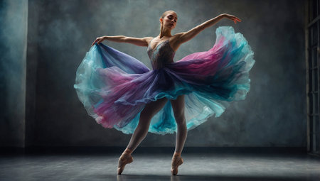 Beautiful ballet dancer, dancing in a magical form against fantasy pastel colors splash. Copy space.の素材
