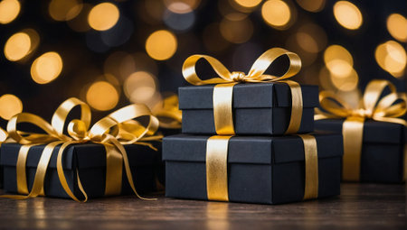 Black gift boxes with golden ribbons and bokeh background. Minimal abstract holidays or birthday concept. New Year and Christmas idea. Copy space.の素材