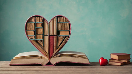 Love story books with roses. Minimal abstract reading and learning concept. Love for literature idea. Copy space,の素材