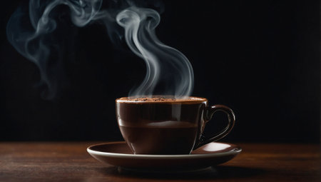 Cup of hot coffee on neutral background. Minimal calming beverages concept. Happy morning idea. Copy space.の素材