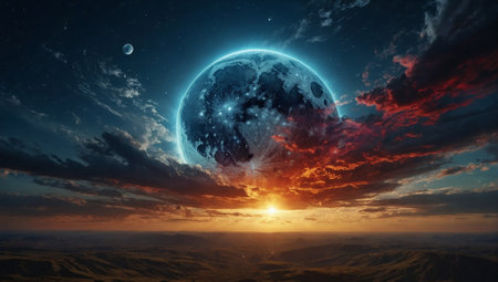 Mesmerizing fantasy view of a celestial cosmic backgrounds, looking from Earth, with planets, stars and nebulas. Abstract exploration, star travel, and advance civilization conceptの素材