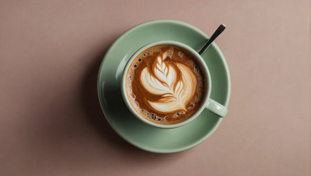 Cup of hot coffee on neutral background. Minimal calming beverages concept. Happy morning idea. Flat lay, top view. Copy space.の素材