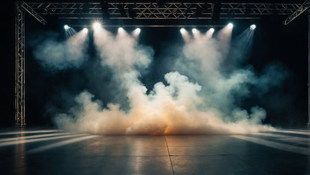 Empty stage under dim lights and in smoke. Entertainment, music and fashion concept. Product placement or copy space idea.の素材