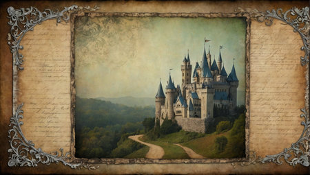 Bordered journal scrapbook page with ornaments. Album or notebook concept. Copy space for text.の素材