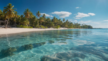 Mesmerizing fantasy beach with palms and crystal clear water. Vacation and travel concept. Summer season idea. Copy space.の素材