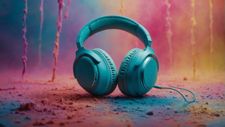 Headset headphones on colorful pastel splash background. Minimal abstract party, fun and love for music concept. Lifestyle and design idea. Copy space.の素材