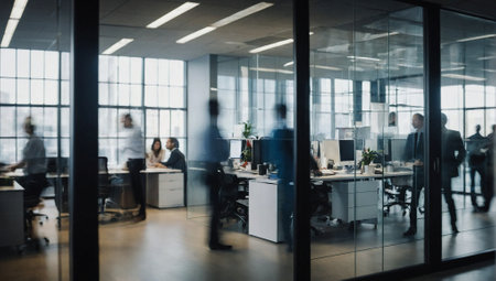 Blurry silhouettes of people behind gall walls in a crowded office. Minimal business and working concept. Copy space.の素材
