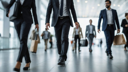 Blurry silhouettes of people walking in a business fair. Minimal business, work and selling concept. Copy space.の素材