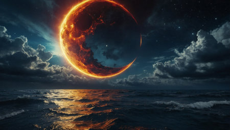 Mesmerizing fantasy view of a celestial cosmic backgrounds, looking from Earth, with planets, stars and nebulas. Abstract exploration, star travel, and advance civilization conceptの素材