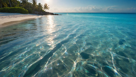 Mesmerizing fantasy beach with palms and crystal clear water. Vacation and travel concept. Summer season idea. Copy space.の素材