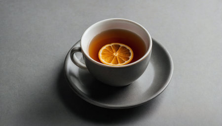 Hot tea with cinnamon in a cup. Minimal abstract calming and healthy drink concept. Food and drinks idea. Copy space.の素材