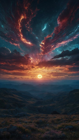 Mesmerizing fantasy view of a celestial cosmic backgrounds, looking from Earth, with planets, stars and nebulas. Abstract exploration, star travel, and advance civilization conceptの素材