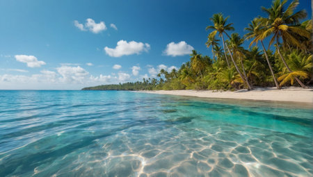 Mesmerizing fantasy beach with palms and crystal clear water. Vacation and travel concept. Summer season idea. Copy space.の素材
