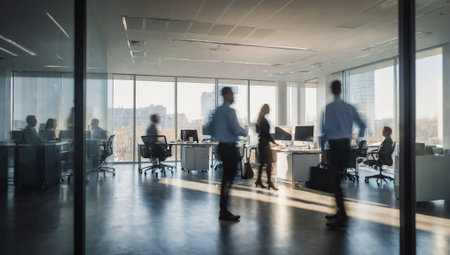 Blurry silhouettes of people behind gall walls in a crowded office. Minimal business and working concept. Copy space.の素材