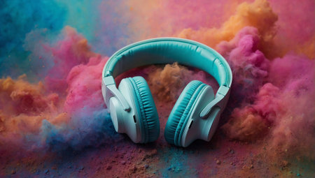Headset headphones on colorful pastel splash background. Minimal abstract party, fun and love for music concept. Lifestyle and design idea. Copy space.の素材