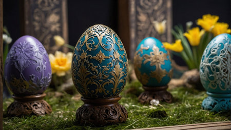 Easter eggs background. Minimal abstract holidays concept. With copy space.の素材