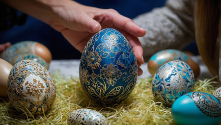 Easter eggs background. Minimal abstract holidays concept. With copy space.の素材