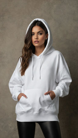 Beautiful model in oversized white hoodie. Fashion and lifestyle concept. Urban style idea. Copy space.の素材