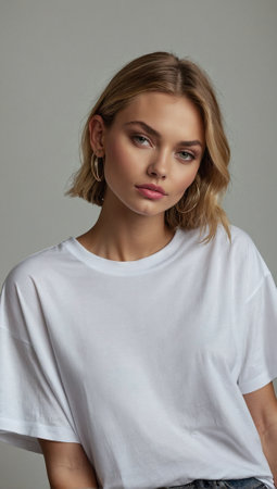 Beautiful model in oversized white t-shirt. Fashion and lifestyle concept. Urban style idea. Copy space.の素材