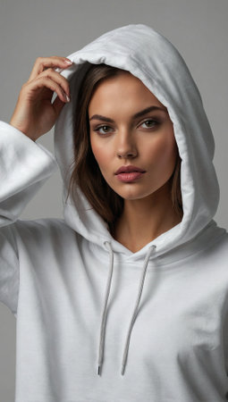 Beautiful model in oversized white hoodie. Fashion and lifestyle concept. Urban style idea. Copy space.の素材